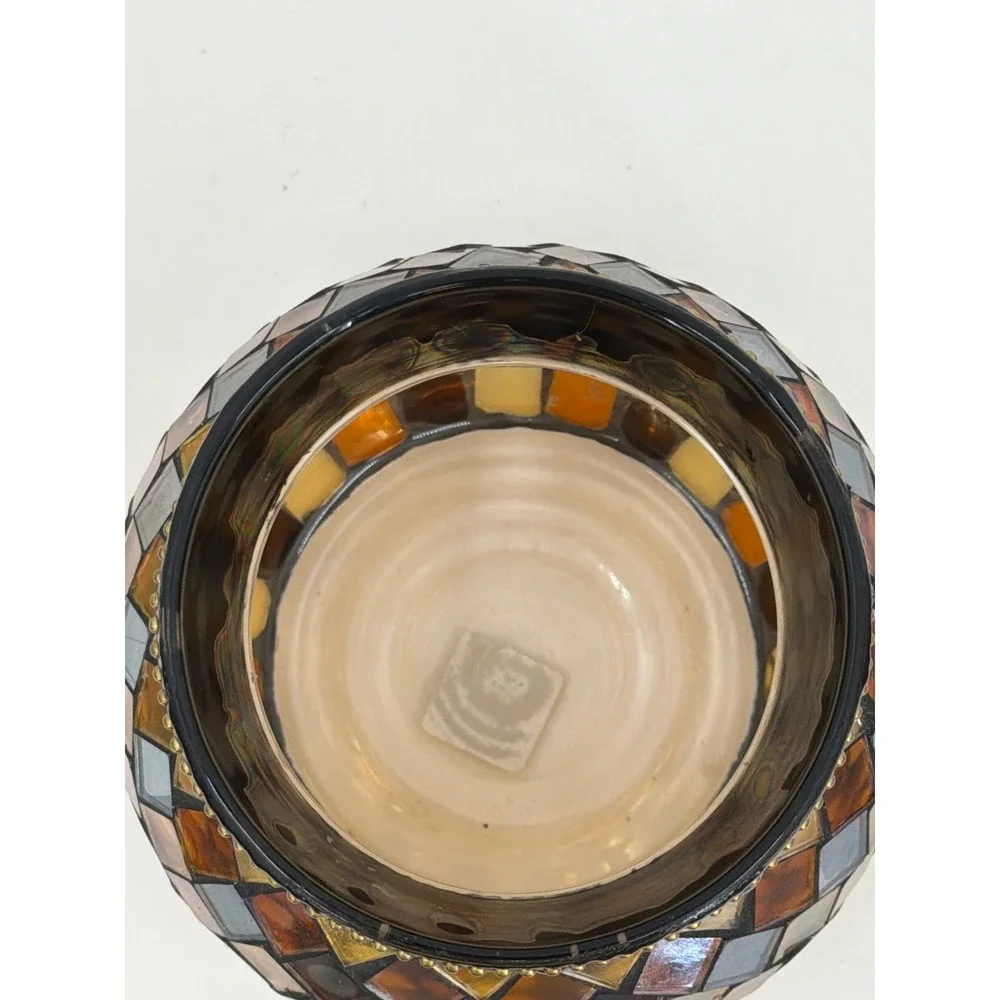 PartyLite Mosaic Glass Candle Holder Iridescent Amber Gold Beaded Trim Votive